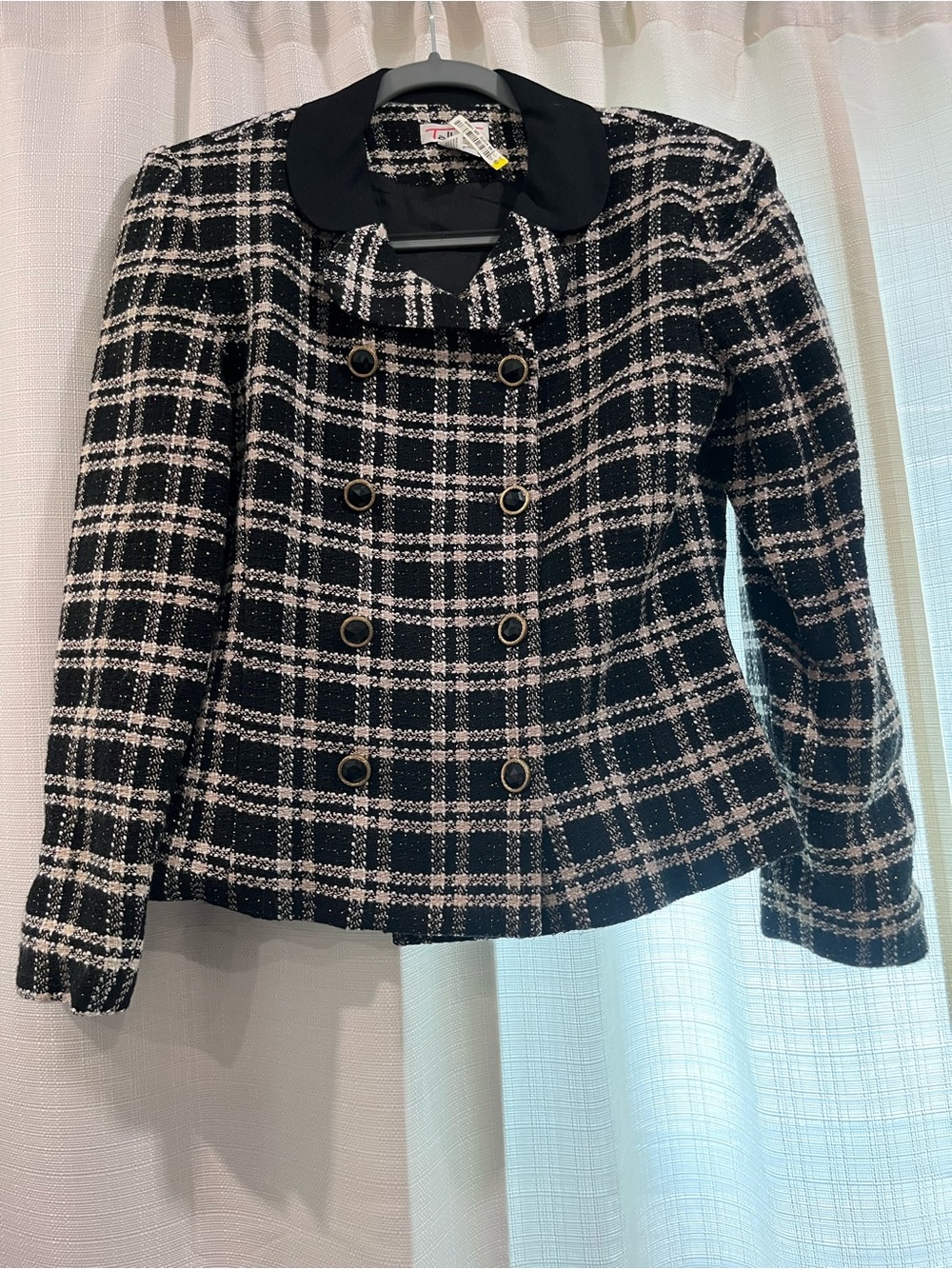 Talbots Black and White Plaid Double-Breasted Blazer